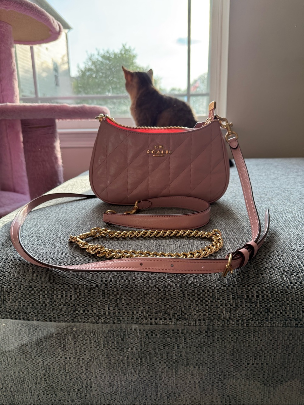 Coach Quilted Carnation Leather Crossbody with Gold Chain